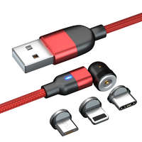 OEM 3in1 mágneses USB töltőkábel IPhone Lighting,Micro USB,USB Type-C 200cm fekete 360° - Piros