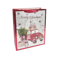 Fakopáncs Ajándéktasak - kicsi (piros pick up autó karácsonyfával, háttérben havas táj)