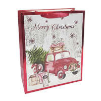 Fakopáncs Ajándéktasak - közepes (piros pick up autó karácsonyfával, háttérben havas táj)