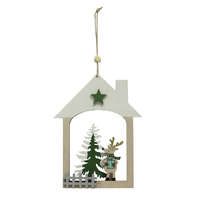 Fakopáncs Karácsonyi dekoráció (fehér tetejű házikóban rénszarvas és fenyőfa)
