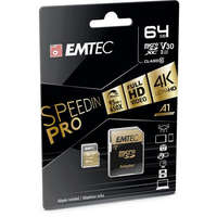 EMTEC Memóriakártya, microSDXC, 64GB, UHS-I/U3/V30/A2, 100/95 MB/s, adapter, EMTEC "SpeedIN"