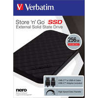 VERBATIM SSD (külső memória), 256GB, USB 3.2 VERBATIM "Store n Go", fekete