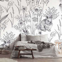 Wallvision Fekete-fehér nyuszi mintás fotótapéta mezei virágokkal 208x146cm