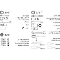 szerszámkészlet, 65db, 1/4"+3/8" CV.; dugókulcsok, racsnis kar, fogók, csavarhúzók, villás kulcsok, BIT-ek