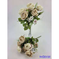  Rózsa + kis virág 7 ágú selyemvirág csokor 33 cm - Ekrü-Bézs Mix