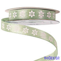 Virágmintás szatén szalag 12mm x 20m - Vintage zöld