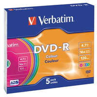 VERBATIM VERBATIM DVD-R lemez, színes felület, AZO, 4,7GB, 16x, 5 db, vékony tok, VERBATIM