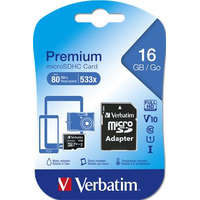 VERBATIM VERBATIM Memóriakártya, microSDHC, 16GB, CL10/U1, 45/10 MB/s, adapter, VERBATIM "Premium"