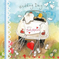 Képeslap Alex Clark borítékkal, 14x14 cm, Just Married autó
