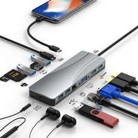 ROCKETEK 14 in 1 USB-C 3.0 HUB dokkoló adapter - 4x USB 3.0, Type-C USB, SD TF kártya olvasó, 3.5mm audio, 2x HDMI, VGA, LAN, 65W HUB Dokkoló Állomás