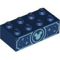 LEGO® Sötétkék LEGO Kocka 2 x 4 fémes világoskék Mickey Egér fejjel, körökkel és csillámokkal mindkét oldalon