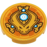 LEGO® Gyöngyház arany LEGO Kerekített csempe 2 x 2 alsó bütyöktartóval, szarvas sárkányfejjel, fekete szemekkel, sötét azúr és fehér anyákkal, fogaskerékkel körben mintázva