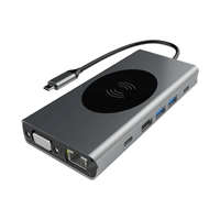 13 portos USB-C HUB, vezeték nélküli töltővel, HDMI, VGA, 2xUSB-C, SD/microSD kártya olvasó, 3,5mm audio csatlakozó RJ-45 (Internet), 3db USB 3.0 portokkal