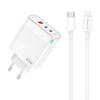 Jellico Apple iPhone-hoz 65W GaN Telefon és Tablet Gyorstöltő 3 USB portos, 2xUSB-C (Type-C) és 1xUSB + 1m USB-C to Lightning Kábel