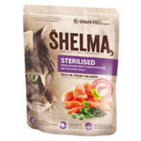 SHELMA SHELMA Gabonamentes granulátum STERILE friss lazaccal felnőtt macskák számára, 1,4 kg