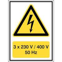 Brady Brady Veszélyt jelző tábla - "Vigyázat, elektromos feszültség: 3 X 230V/400V/50HZ" - polipropilén