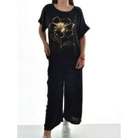 MB Collection MB Collection női együttes - Rövid ujjú, laza szabású, felső rész elején nyomott arany színű virágmintával, alsó része laza, lefelé bővülő szárral M25-1-20250403-19/T007