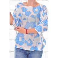 MB Collection MB Collection női felső - Rövid laza fazonú, vény kötött anyagból, denevérujjú, nagy kék virágmintákkal M25-1-ZX250226-17/T013-T001