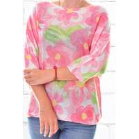 MB Collection MB Collection női felső - Rövid laza fazonú, vény kötött anyagból, denevérujjú, nagy rózsaszín virágmintával M25-1-ZX250226-17/T011