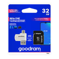 Goodram Goodram microSDHC 32GB Class 10 memóriakártya SD adapterrel, Micro USB / USB OTG kártyaolvasóval és Artisjus matricával - M1A4-0320R12