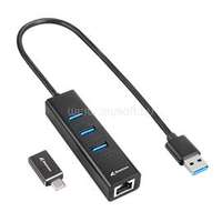 SHARKOON USB Hub - Aluminium Hub Type-C adapter + RJ45 (3port; USB3.2 Gen 1; Fekete) (4044951037575)