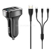 USAMS KING TU C13 autós töltő 2 USB aljzat (10W, LED jelzés + lightning/microUSB/Type-C kábel) FEKETE (NTU35YTSC13TZ)