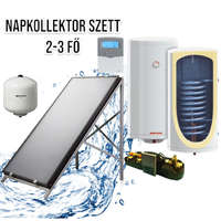 NAPCSAP 2-3 fő részére síkkollektoros szett HMV készítés: 1 síkkollektor + 120 literes hőcserélős bojler + szivattyú állomás + vezérlés + tágulási tartály