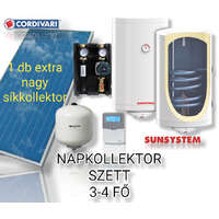NAPCSAP 3-4 fő részére Cordivari exra nagy síkkollektoros szett HMV készítés: 1 síkkollektor + 150 literes Sunsystem hőcserélős bojler + szivattyú állomás + vezérlés + tágulási tartály