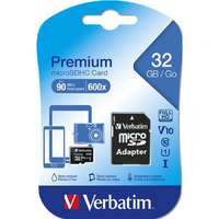 Verbatim Memóriakártya, microSDHC, 32GB, CL10/U1, 90/10 MB/s, adapter, VERBATIM "Premium"