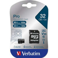 Verbatim Memóriakártya, microSDHC, 32GB, CL10/U3, 90/45 MB/s, adapter, VERBATIM "PRO"