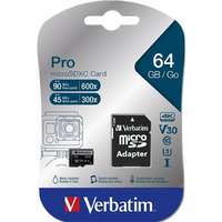 Verbatim Memóriakártya, microSDXC, 64GB, CL10/U3, 90/45 MB/s, adapter, VERBATIM "PRO"