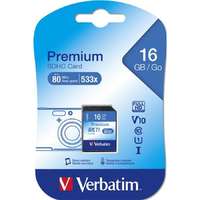 Verbatim Memóriakártya, SDHC, 16GB, CL10/U1, 80/10 MB/s, VERBATIM "Premium"