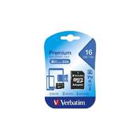 VERBATIM Memóriakártya, microSDHC, 16GB, CL10/U1, 45/10 MB/s, adapter, VERBATIM "Premium"