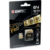 EMTEC Memóriakártya, microSDXC, 64GB, UHS-I/U3/V30/A2, 100/95 MB/s, adapter, EMTEC SpeedIN (MEMSD64GS)