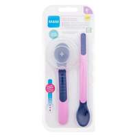 MAM MAM Heat Sensitive Spoons & Cover 6m+ Pink edény hosszú kanál 1 db + rövid kanál 1 db + kanáltartó gyermekeknek