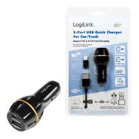 LogiLink Logilink usb autós töltő, 2x usb port qc technológiával, 19,5w