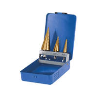 EXTOL Lépcsős fémfúró klt. 3db; (4-12mm/1mm lépcsők,4-20mm/2mm,4-32mm/2mm) befogás:10mm, max.4mm vastag anyagokhoz,tin bevonat