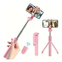 Utángyártott Prémium selfie bot, 19 - 70 cm, forgatható, exponáló gombbal, bluetooth-os, v4.0, tripod, R1, rózsaszín