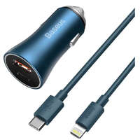 Baseus Baseus Golden Contactor Pro USB-A-USB-C autós gyorstöltő 40W + USB-C-Lightning kábel, 20W, 1m, kék