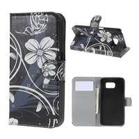 gigapack Samsung Galaxy S6 (SM-G920) tok álló, bőr hatású (flip, asztali tartó funkció, fehér virág minta) fekete