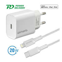 4smarts 4smarts hálózati gyorstöltő adapter USB-C QC 3.0 + 1.5m Lightning kábel, MFi tanúsítvánnyal, 20W, fehér