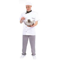 EP workwear Coverguard Gasztro munkaruha, szakácskabát (séfkabát), rövid ujjú, fehér színű, fekete gallérral és kétsoros, cserélhető gombolással rendelkező 245g/m2 kevertszálas (65%poliészter, 35% pamut) modell. 45920-930