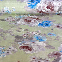 HomeTextiles PEONIA, antik zöld, kék rózsamintás lakástextil, dekorvászon, 140 cm és 280 cm szélességben