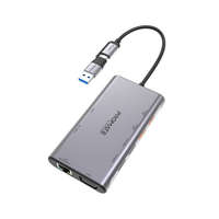 Promate Promate USB Hub - PRIMEHUB MST (USB-C 9in1 HUB, 2x4K HDMI, VGA, 2xUSB 3.0, 1xUSB 2.0, 2xUSB-C, RJ45, adapter, szürke)