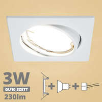 V-Tac LED spot szett: fehér bill. keret, négyzet + 3 Wattos, meleg fehér GU10 LED lámpa + GU10 csatlakozó (kettesével rendelhető)