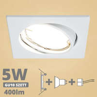 V-Tac LED spot szett: fehér bill. keret, négyzet + 4,5 Wattos, meleg fehér GU10 LED lámpa + GU10 csatlakozó (kettesével rendelhető)