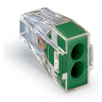 Wago 773-112 PUSH WIRE® csatlakozó kötődobozokhoz; tömör és sodrott vezetékekhez; max. 2,5 mm²; 2 vezeték; áttetsző készülékház; zöld fedél