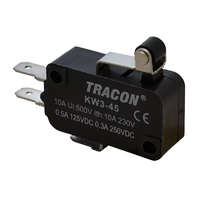 TRACON TRACON KW3-45 Helyzetkapcsoló, mikro, karos-görgős 1×CO 10A/230VAC, 0,3A/250VDC, 15mm, 4,8x0,5 mm, IP00