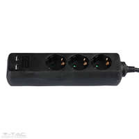 V-TAC 3 csatlakozós hosszabító-elosztó 5m fekete 2db USB porttal 2,4A - 8777 V-TAC