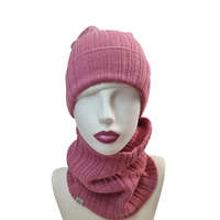 Visszahajtós női kötött vékony lógós sapka+sál Rózsaszín